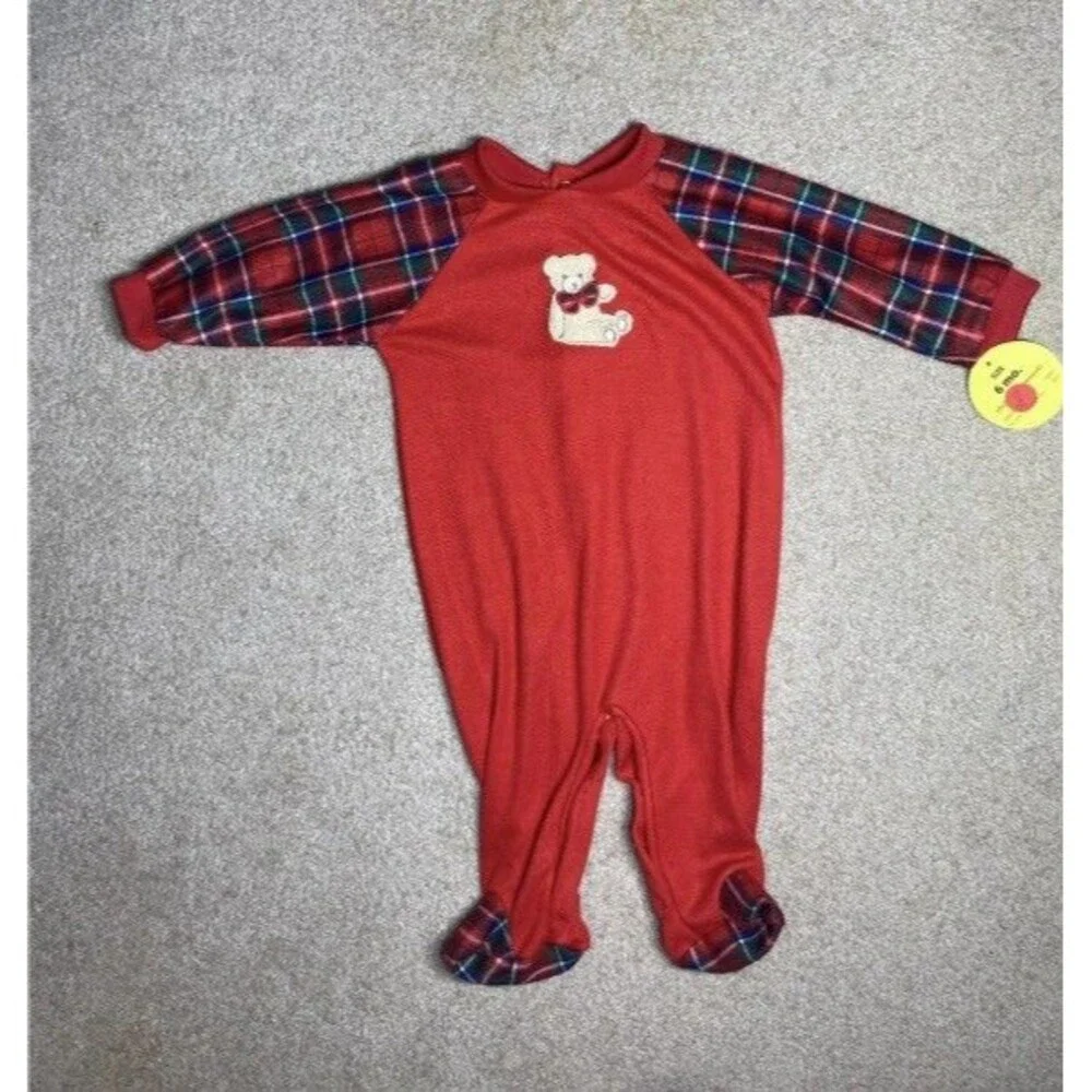 Vintage 90s Christmas Baby Sleeper Red Plaid Teddy Bear NWT 6 Months